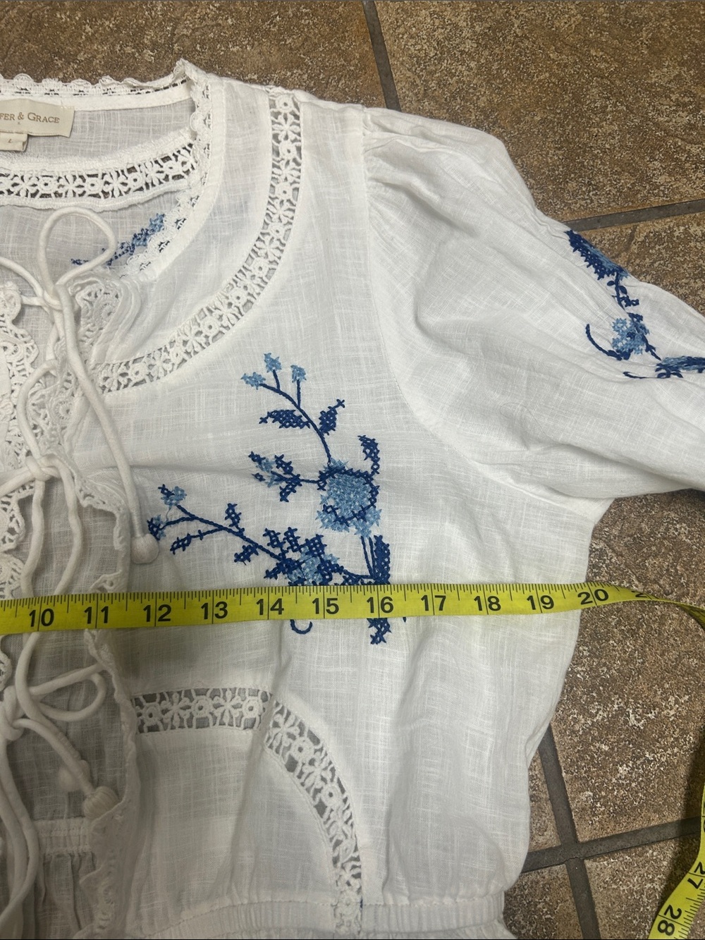 Jennifer & Grace Beautiful White Tie-Front Blouse with Blue Floral Embroidery - Picture 9 of 11